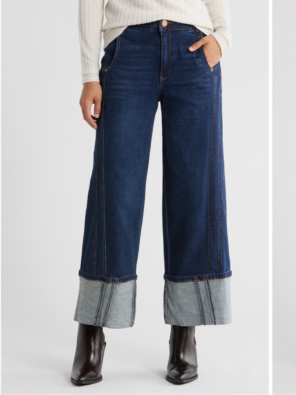 Democracy Dark Blue Wide-Leg Cropped Jeans with Cuffed Hem